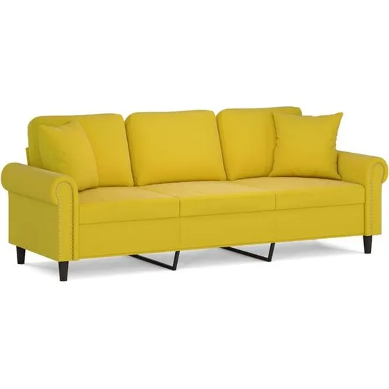 3-personers veloursofa 180 cm med pyntepuder - gul