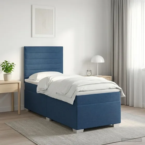 vidaXL Boxmadras med topmadras og LED-hovedgærde, Blå, 100x200 cm