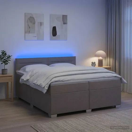 vidaXL Box Spring Seng med LED, Madras & Gavl, Gråbrun 200x200 cm