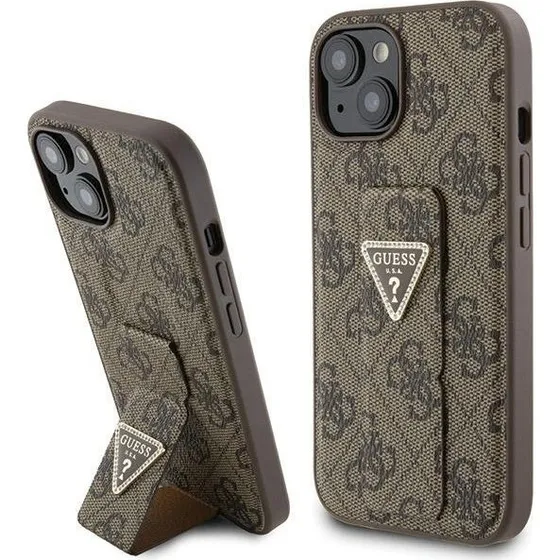 GUESS Grip Stand 4G Triangle Strass cover til iPhone 15 - Brown