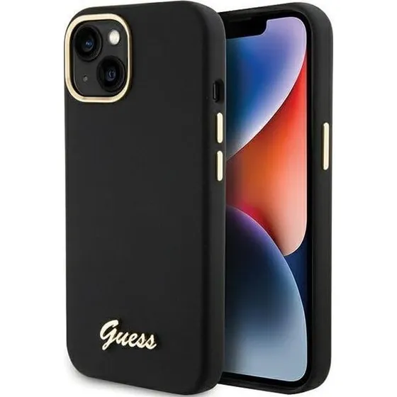 GUESS Silicone Script Metal Logo & Frame case til iPhone 15 - Black