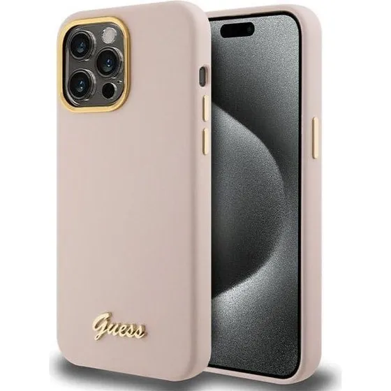 GUESS Silicone Script Metal Logo & Frame Case til iPhone 15 Pro - Pink