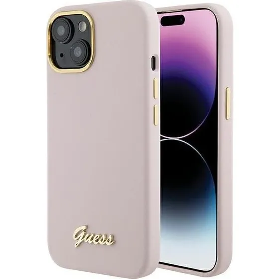 GUESS Silicone Script Metal Logo & Frame case til iPhone 15 - Pink