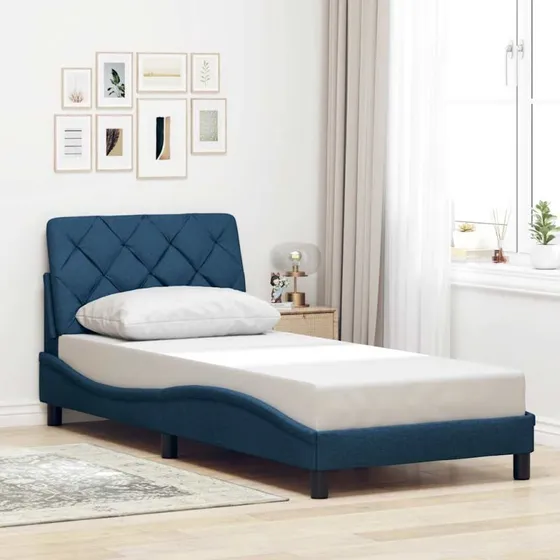 vidaXL Sengeramme 90x200 cm i blåt stof med hovedgærde