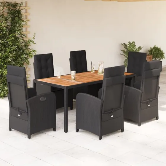 vidaXL Spisebordssæt til haven 7 dele i sort polyrattan