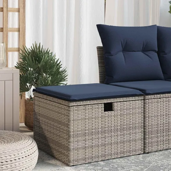 vidaXL Haveskammel med hynde og opbevaring, grå polyrattan 55x55x37 cm