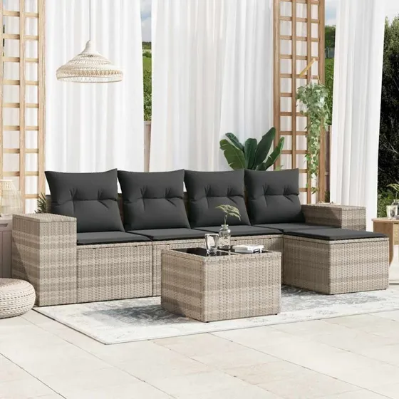 vidaXL Havesofasæt 6 dele i lysegrå polyrattan med hynder