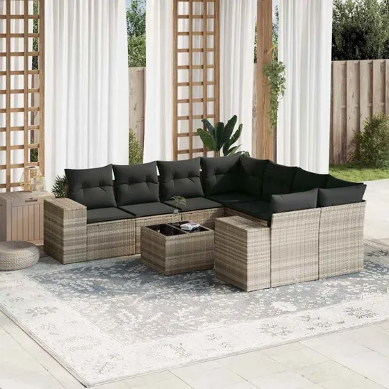vidaXL loungesæt 9 dele i polyrattan med hynder, lysegrå