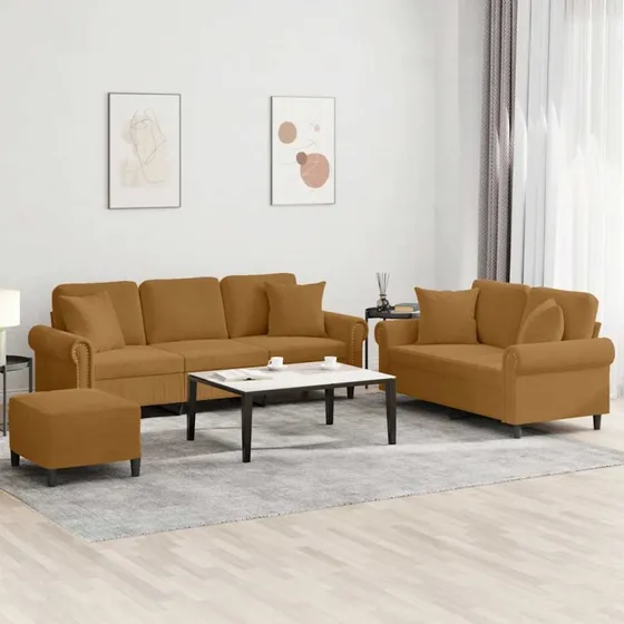 vidaXL Sofasæt 3 dele i brun velour med puder