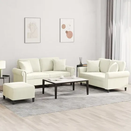 vidaXL Sofasæt 3 dele med puder i cremefarvet velour