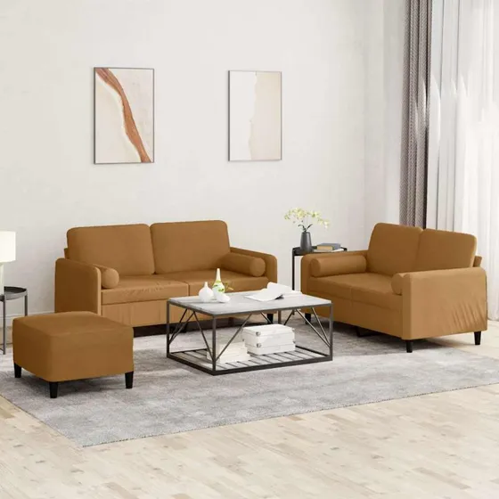 vidaXL Sofasæt 3 dele i brun velour med puder og fodskammel