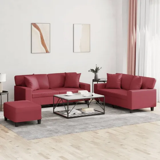 vidaXL Sofasæt 3 dele i vinrødt kunstlæder med puder