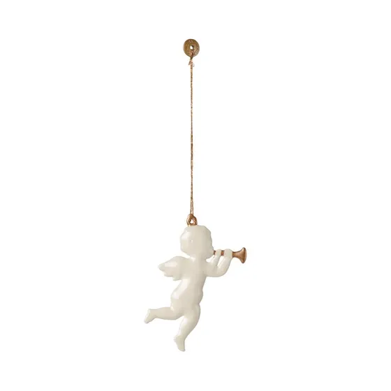 Maileg Engel m/ trompet - Metalornament i råhvid og guld