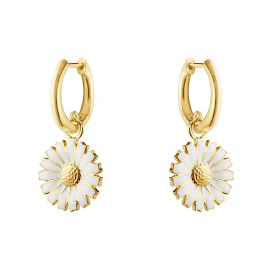 Georg Jensen Daisy øreringe — forgyldt sterlingsølv med hvid emalje