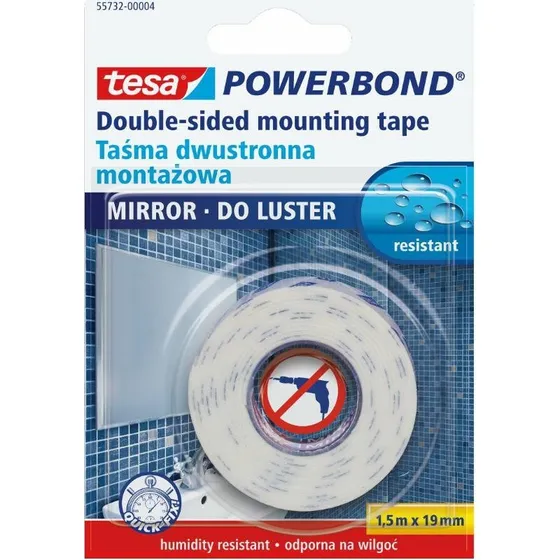 Tesa Powerbond Spejltape - 1,5m x 19mm (Til vådrum)