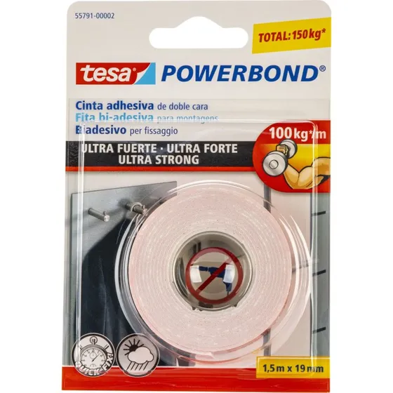Tesa Powerbond Dobbeltklæbende Tape, Ultra Stærk, 19mm x 1,5m
