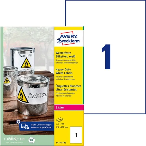 Avery Durable Heavy Duty L4775 Vandfaste Etiketter A4, 100 stk
