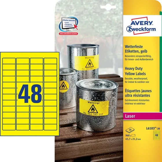 Avery L6103 Gule Vandtætte Etiketter 45,7x21,2mm (20 ark)