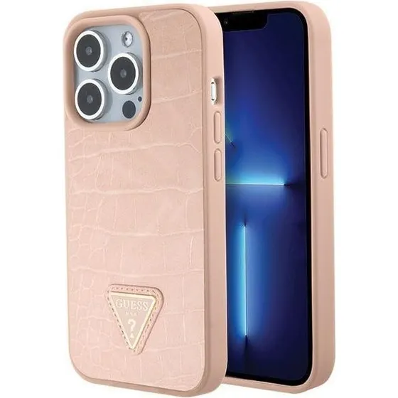GUESS Croco Triangle Metal Logo Case til iPhone 15 Pro - Pink