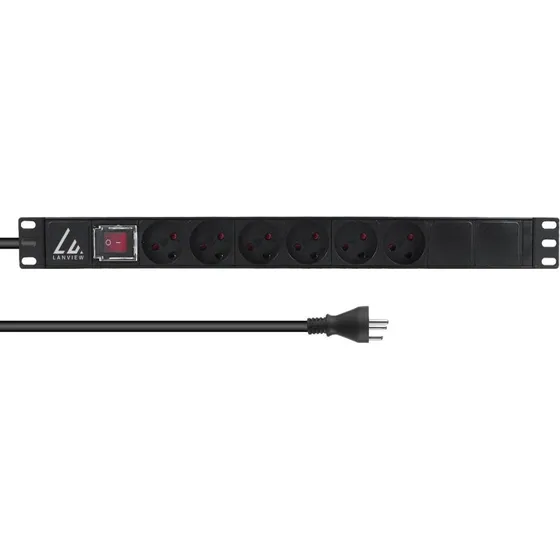 Lanview 13A Rack Strømskinne 1U - 6x DK udtag, 3m kabel, sort