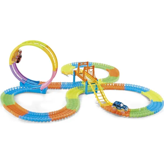 MultiTrack Glow selvlysende racerbane med loop og 2 biler - 220 dele