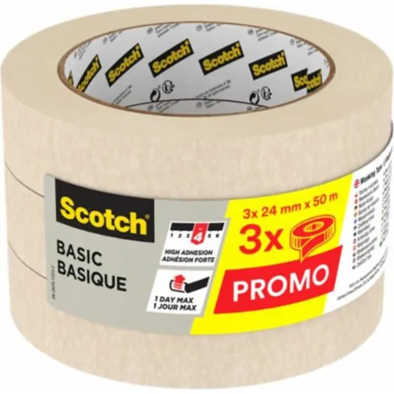 Scotch Basic Masking Tape, 24mm x 50m, Beige - 3 stk
