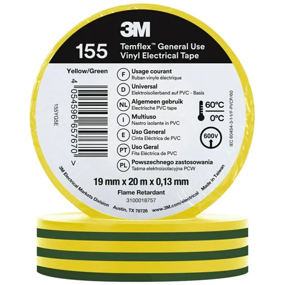 Temflex 155 el-vinyltape 19mm x 20m grøn/gul