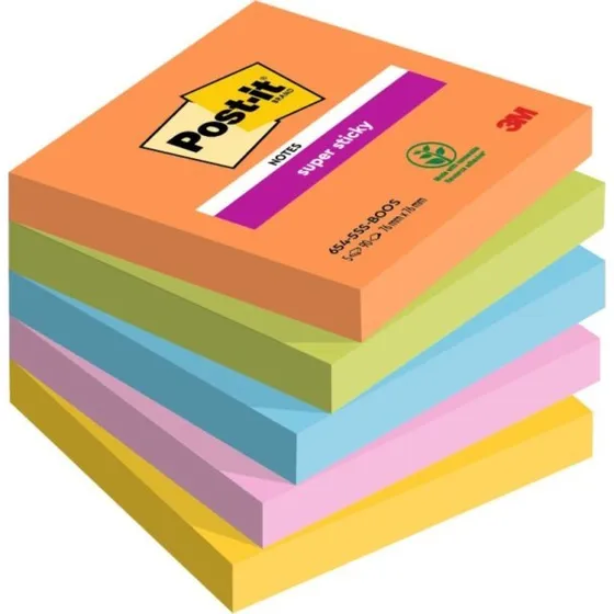 3M Post-it Super Sticky 76x76 mm - 5 farver - 5 blokke á 90 blade