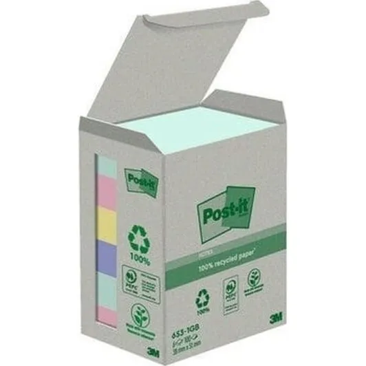 Post-it Recycled Notes 38x51 mm, 3 stk. á 100 ark, 6 farver