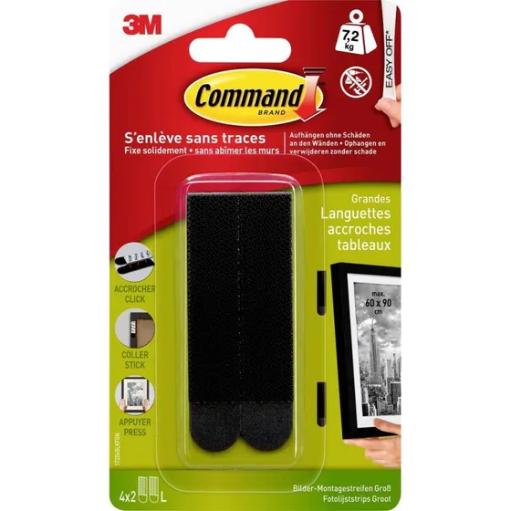 3M Command Billedophæng Strips L, sort – 4 sæt (op til 7,2 kg)