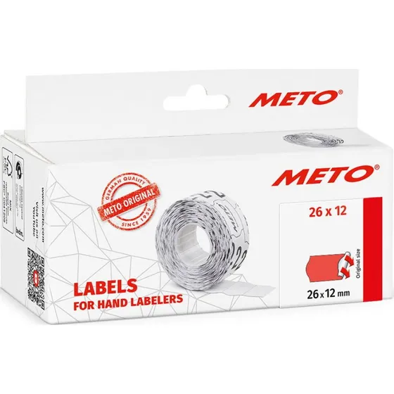 Meto permanente prisetiketter 26x12mm neonrød pk/6 rl