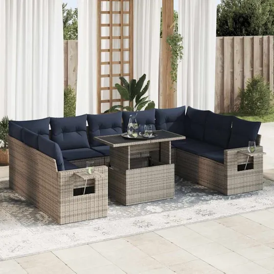 vidaXL Havesofasæt 10 dele i polyrattan med hynder og bord
