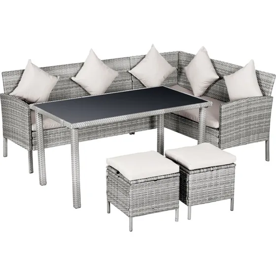 Polyrattan 5-delt havemøbelsæt med fodskamler, grå (142x60x75)
