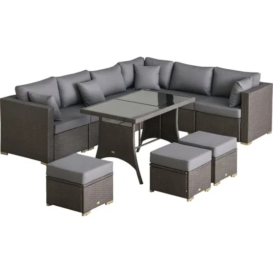 Rattan-look havesæt 10 dele – mørkegrå med rustfri metalramme