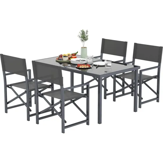 5-delt spisebordssæt i stål med 5 mm glas og 4 klapstole, grå