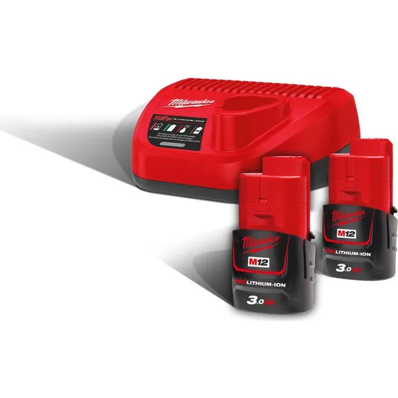Milwaukee M12 NRG-302 Batterisæt med 2x 3 Ah batterier og lader