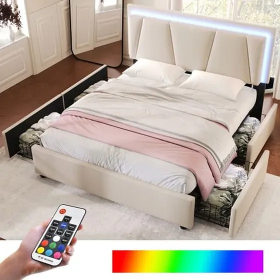 MUVOE Seng 140x200 cm Beige med LED og 4 skuffer