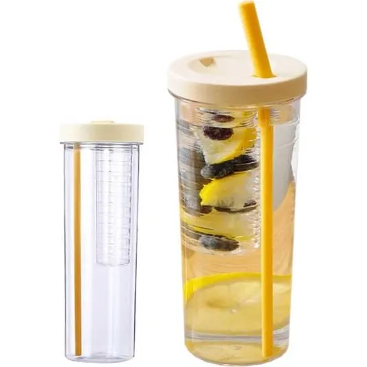 Vandflaske med halm og infuser 700 ml - Gennemsigtig