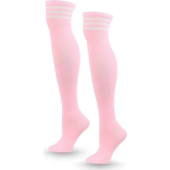 Stribet knæhøje sokker i pink med hvide striber