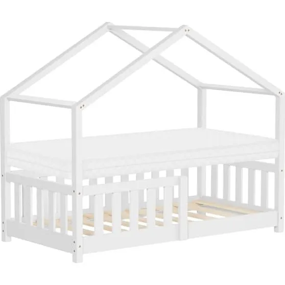 ML-Design Hus-seng 70x140 cm hvid med madras i fyrretræ