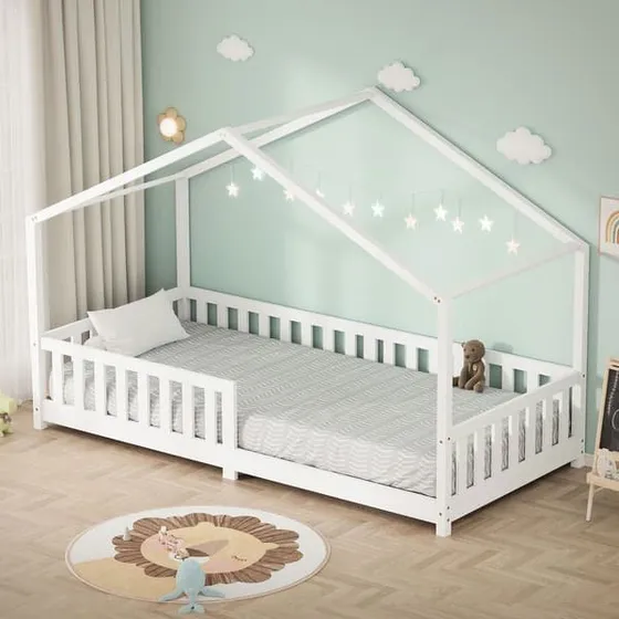 ML-Design Hus-seng 90x200 cm i hvidt massivt fyrretræ