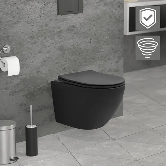 LuxeBath Væghængt Toilet - Sort Mat, Tornado Flush, 49 cm