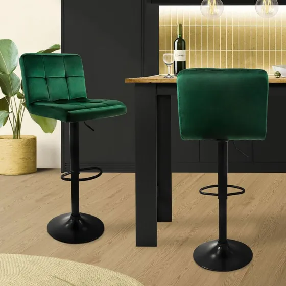 ML-Design Barstol Sæt (2 stk) - Grøn Fløjl, Højdejusterbar