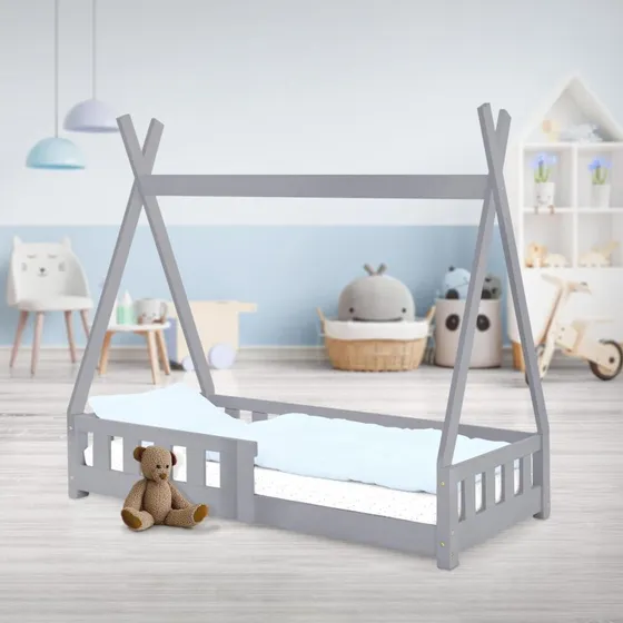 ML-Design Barneseng 70x140 cm i lysegråt fyrretræ med åbent tag