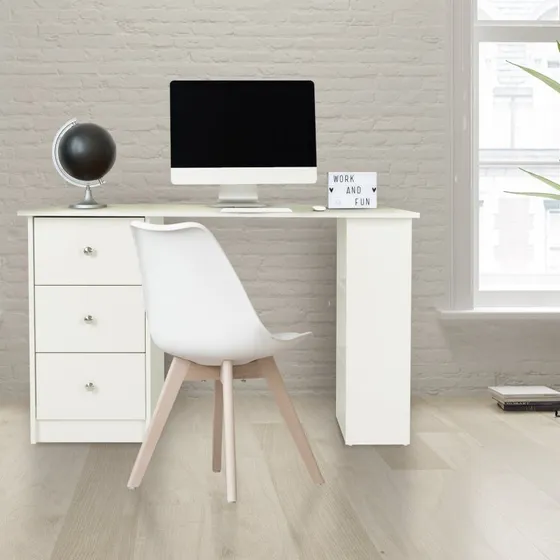ML-Design Skrivebord med 3 skuffer og 3 hylder, hvid, 120x49x72 cm