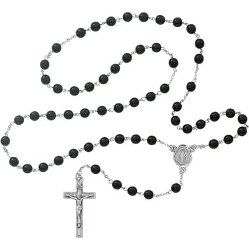 Lang sort Rosary halskæde med 8mm sorte glasperler og kryds