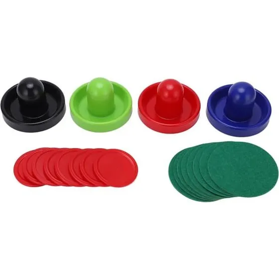 Hockeytilbehørssæt med 4 skubbere og 8 pucks i flerfarvet design