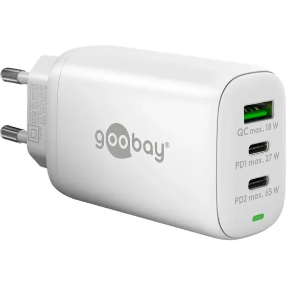Goobay Multiport Hurtigoplader 2xUSB‑C+USB‑A PD GaN 65W, hvid