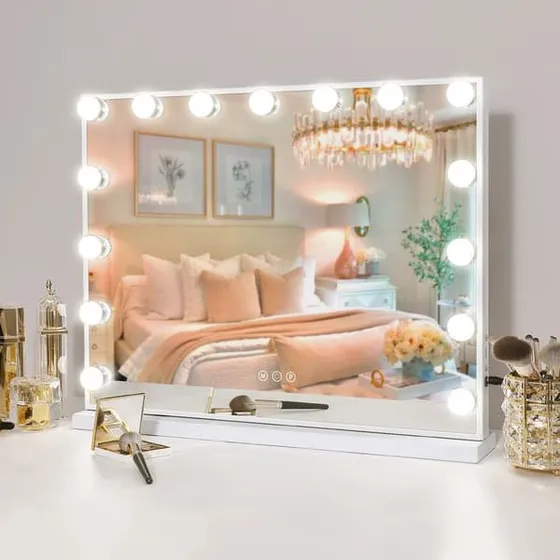 FENCHILIIN Hollywood Makeup Spejl med 15 LED-lys, Hvid, 58x46cm