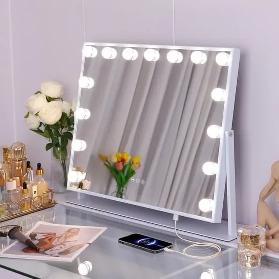 FENCHILIIN Hollywood Makeup Spejl med Lys, 65x49 cm, Hvid
